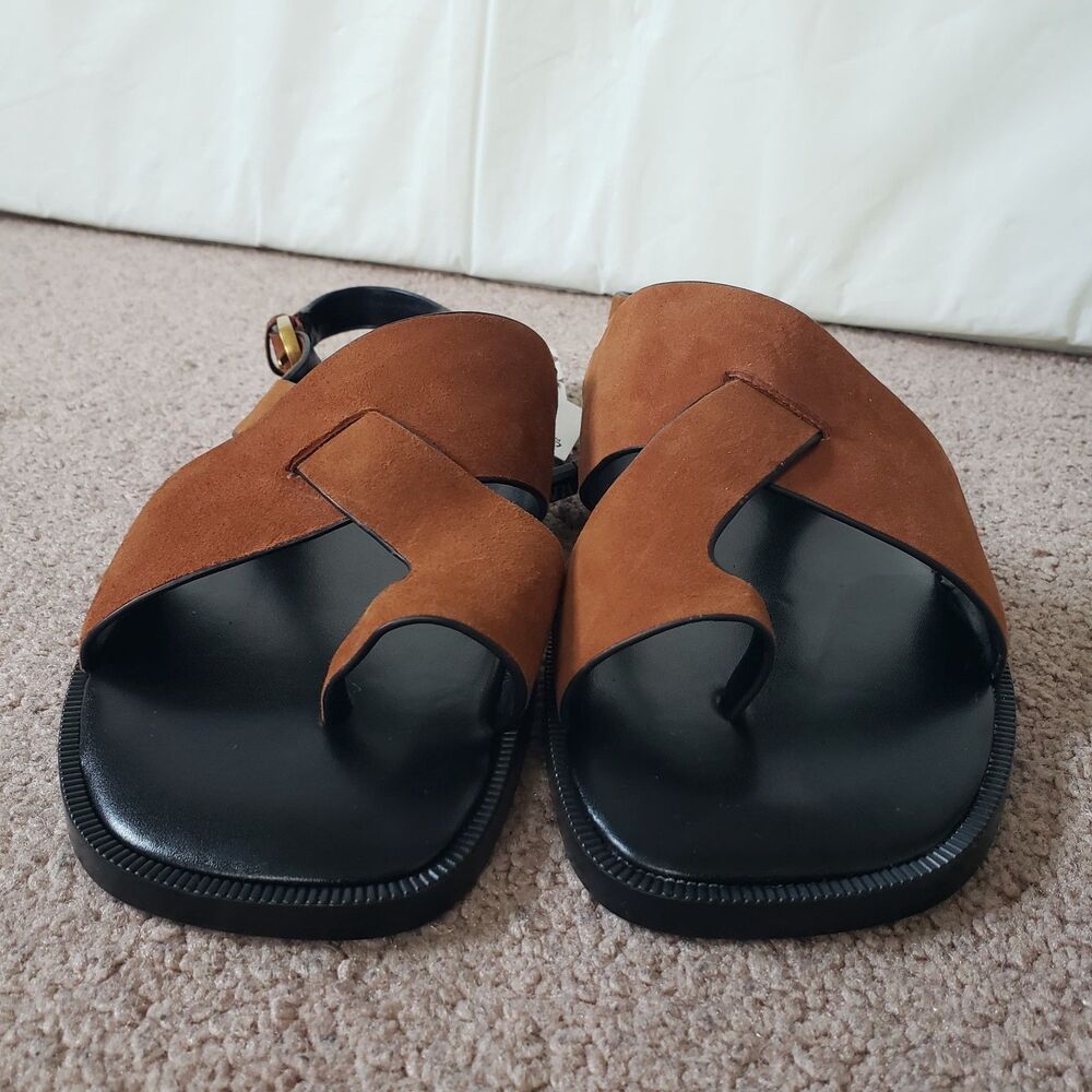 Zara Nwt Suede Leather Slide Strappy Sandals Toe Loop Metal Buckle Size 8 Brown - Picture 9 of 13